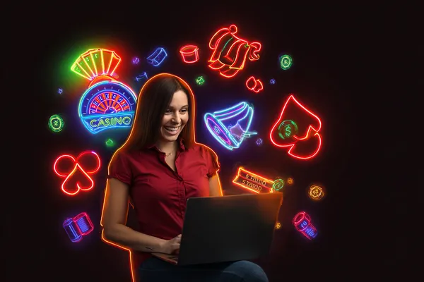 CD444 Games — Explore our rich library of casino classics A woman smiling while playing online games on her laptop, surrounded by neon casino elements, showcasing CD444’s diverse game collection.